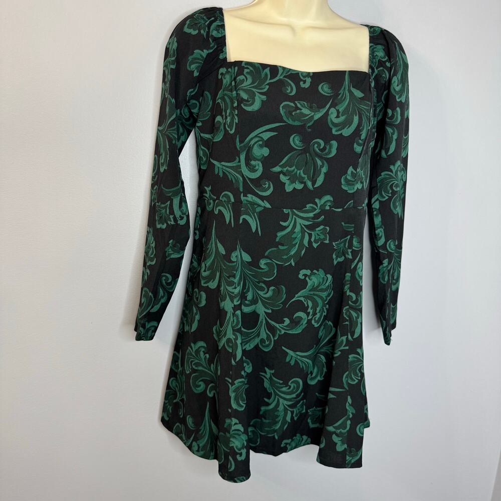 Abercrombie & Fitch Long-Sleeve Squareneck Mini Dress Green Floral Sz MP - Picture 3 of 10